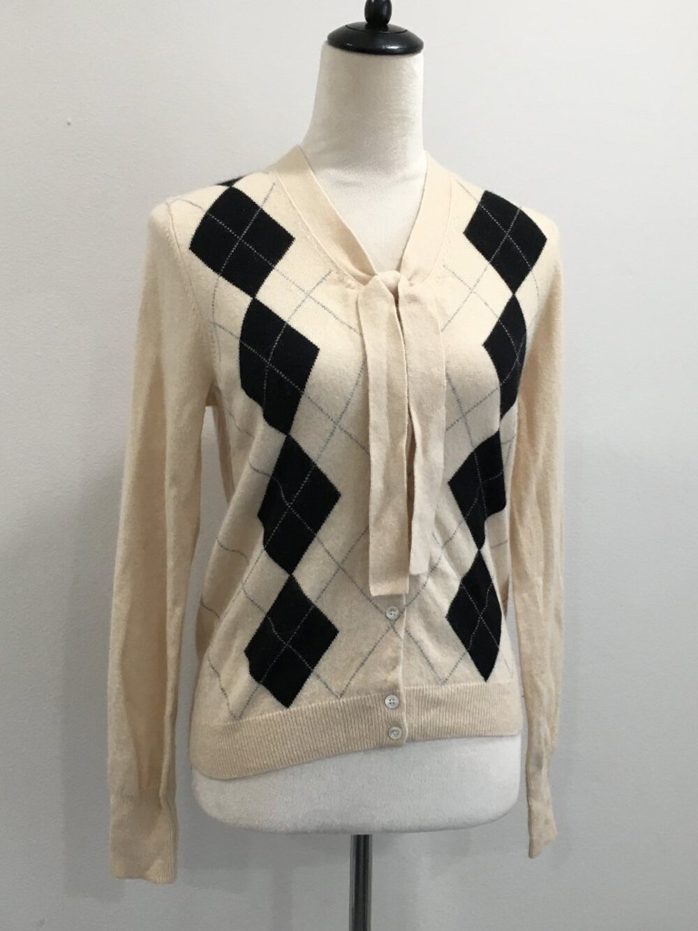 J CREW Argyle Merino Wool Cashmere Rabbit Hair Knit Tie Collar Cardigan